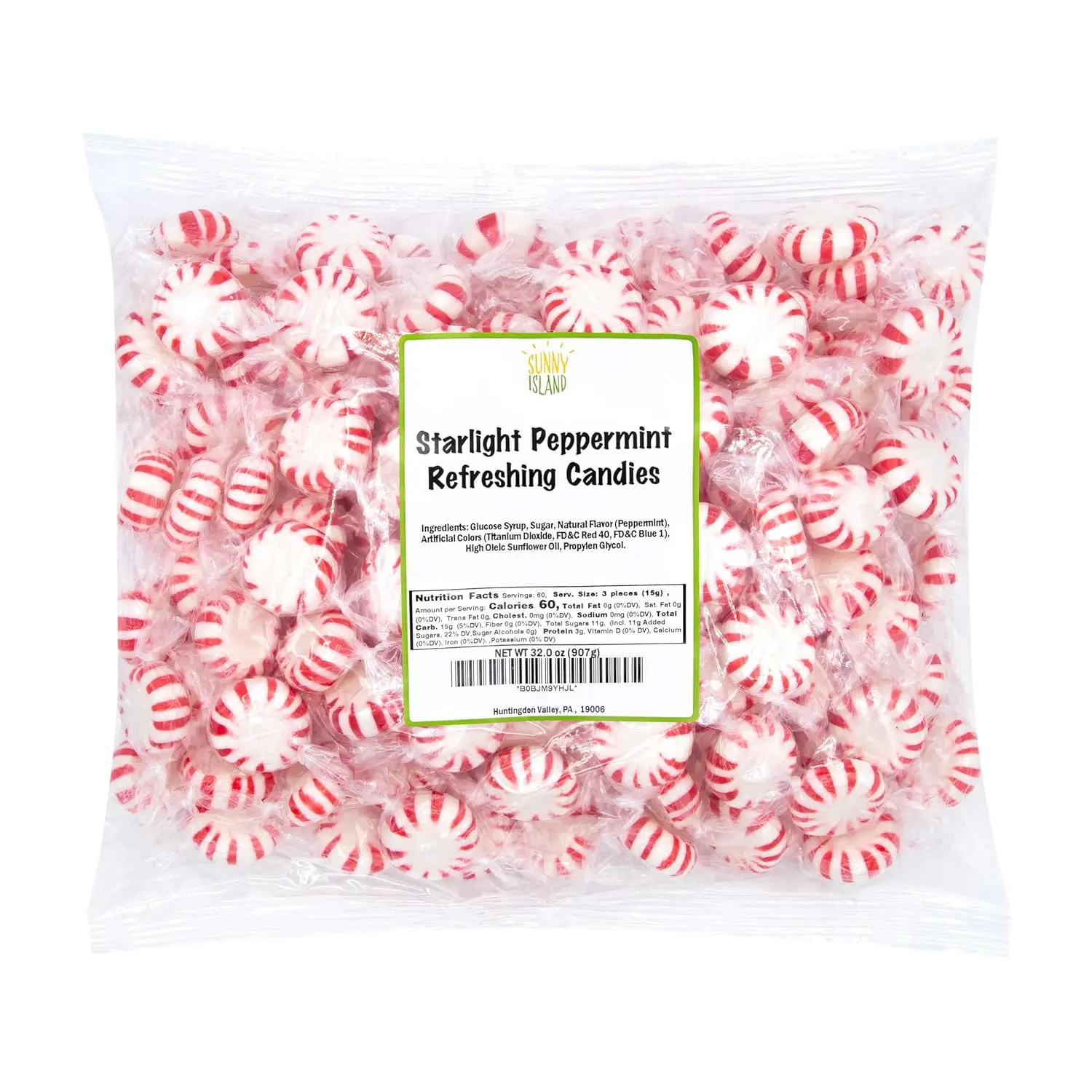 A two-pound bulk pack of red and white striped Starlight Peppermint Mints hard candy, individually wrapped and perfect for holiday treats.