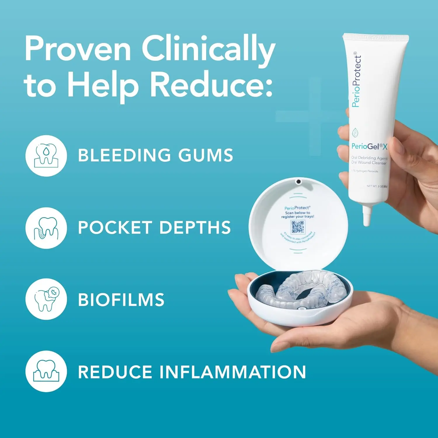 Perio Protect PerioGelX promotes teeth whitening and delivers effective, non-invasive periodontal treatment below the gum line to combat gum disease.