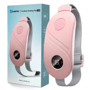 Portable cordless period cramp relief massager with six heat and massage modes provides soothing warmth for menstrual pain and back discomfort.