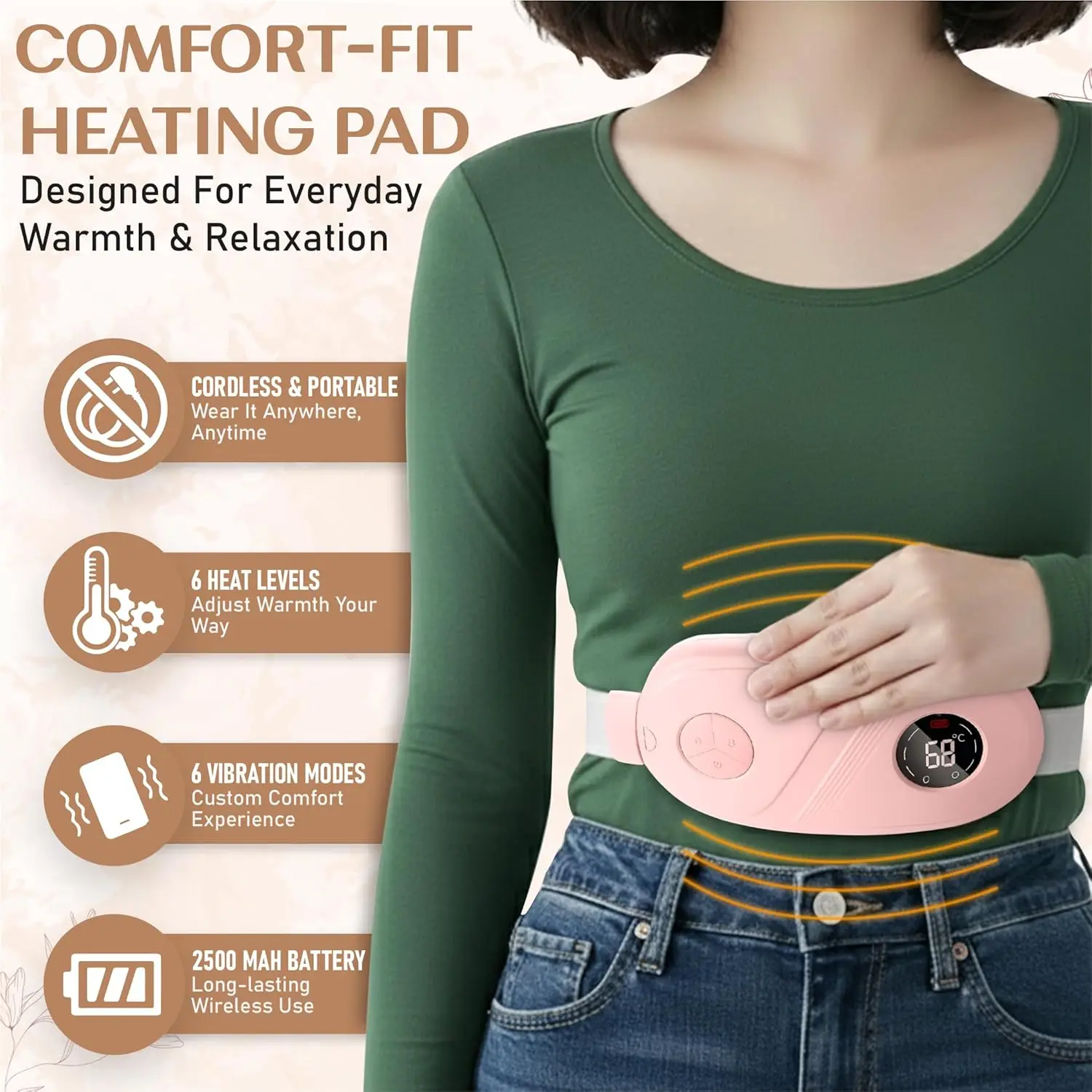 Portable cordless period cramp relief massager with six heat and massage modes provides soothing warmth for menstrual pain and back discomfort.