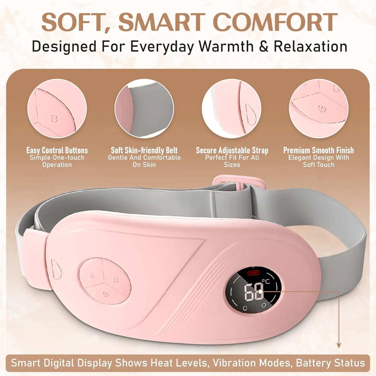 Portable cordless period cramp relief massager with six heat and massage modes provides soothing warmth for menstrual pain and back discomfort.