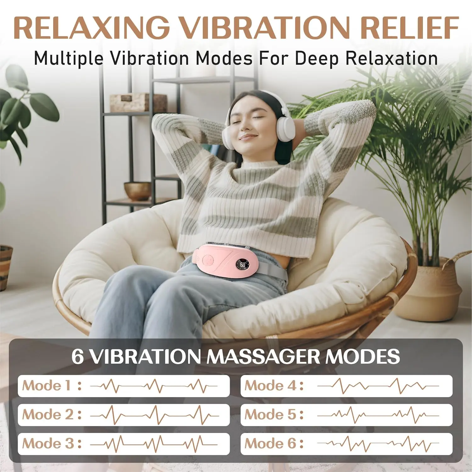 Portable cordless period cramp relief massager with six heat and massage modes provides soothing warmth for menstrual pain and back discomfort.