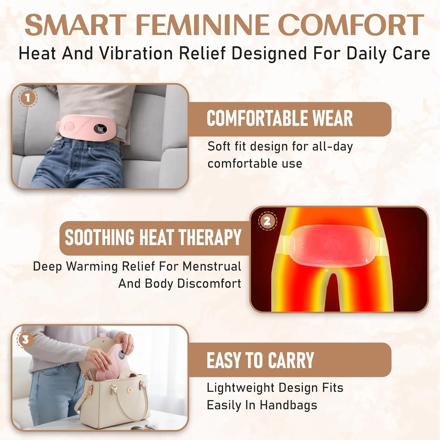 Portable cordless period cramp relief massager with six heat and massage modes provides soothing warmth for menstrual pain and back discomfort.