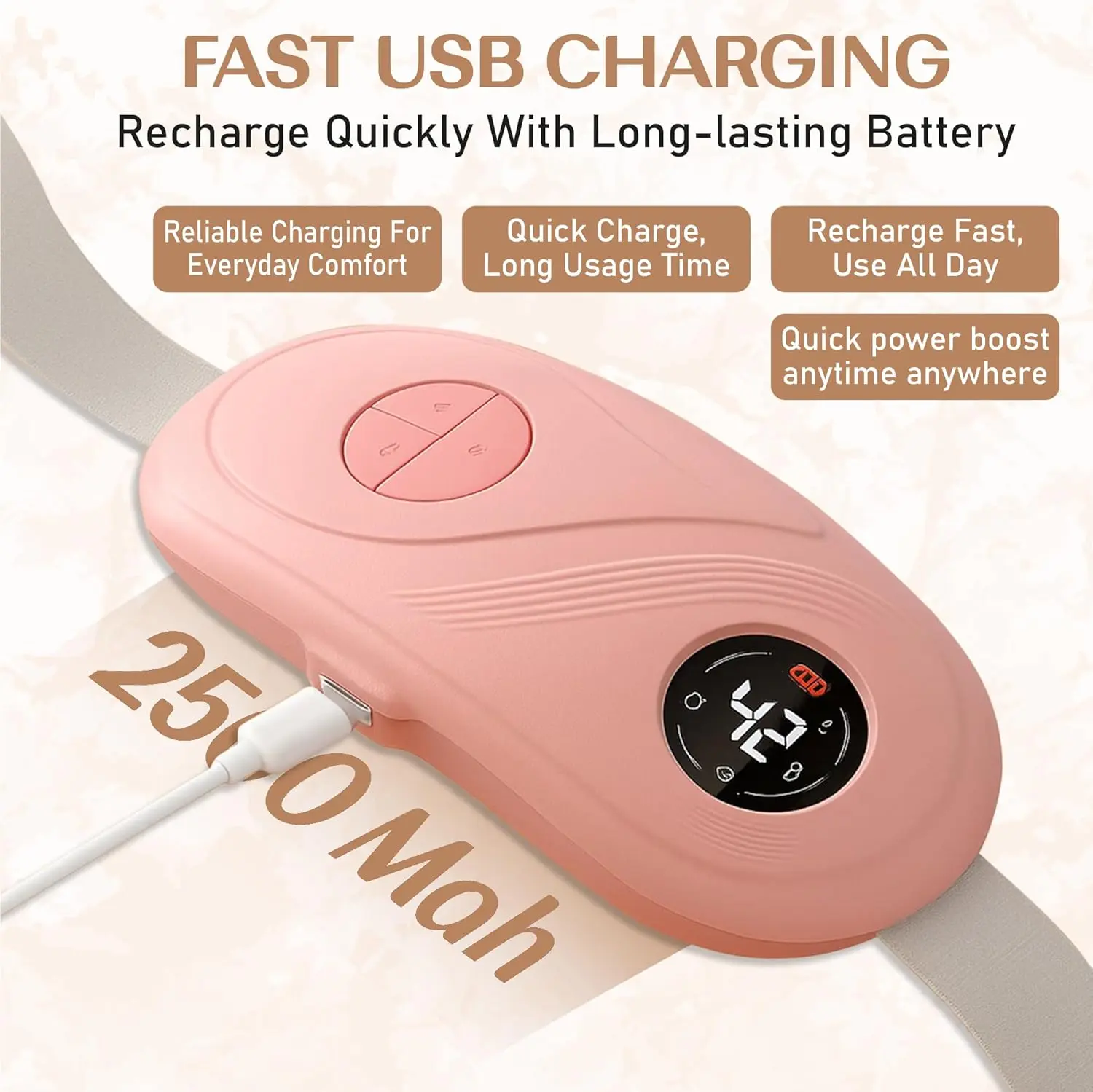 Portable cordless period cramp relief massager with six heat and massage modes provides soothing warmth for menstrual pain and back discomfort.