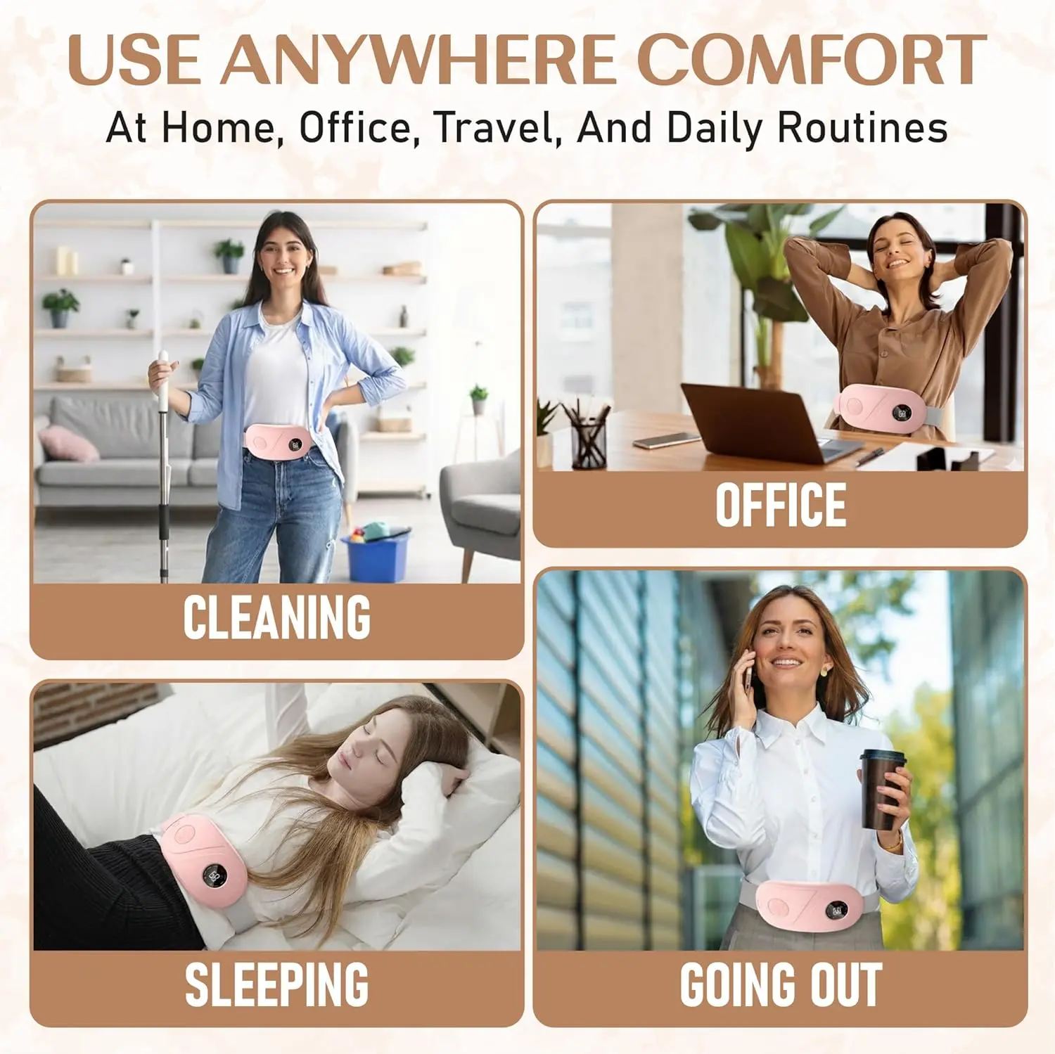 Portable cordless period cramp relief massager with six heat and massage modes provides soothing warmth for menstrual pain and back discomfort.