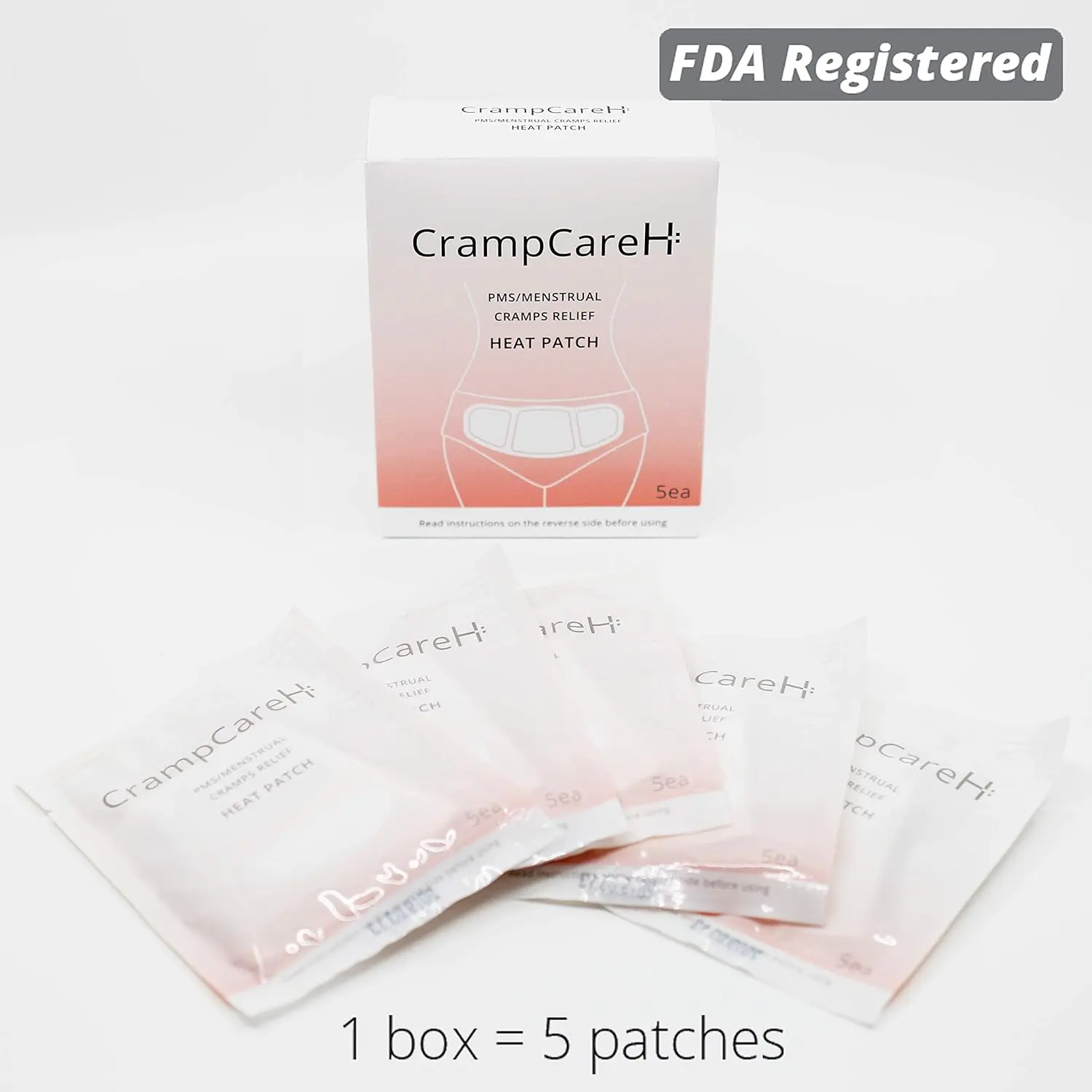 Five thin, foldable FDA registered heat patches with wide wings provide warm, discreet pain relief for menstrual cramps and PMS by comfortably attaching to underwear.