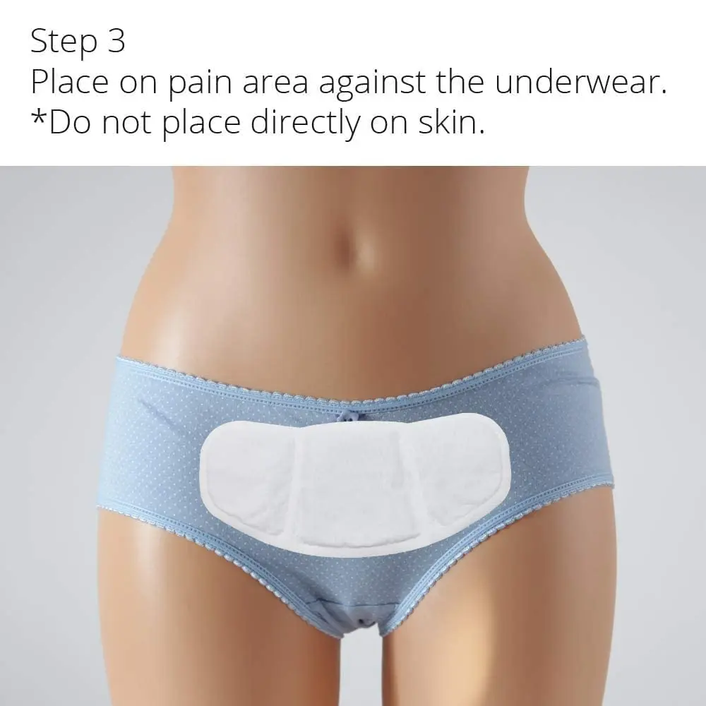 Five thin, foldable FDA registered heat patches with wide wings provide warm, discreet pain relief for menstrual cramps and PMS by comfortably attaching to underwear.