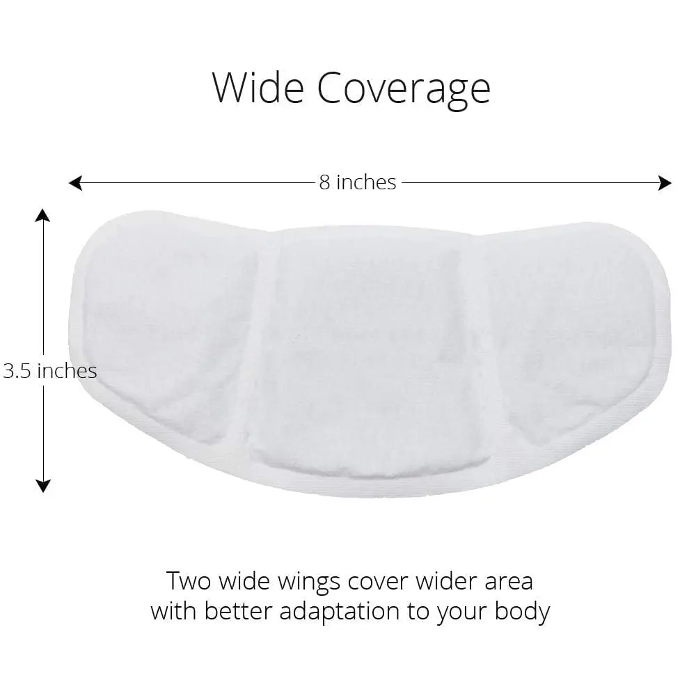 Five thin, foldable FDA registered heat patches with wide wings provide warm, discreet pain relief for menstrual cramps and PMS by comfortably attaching to underwear.