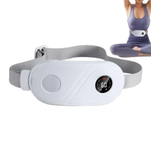 Portable period cramp warmer heating pad with adjustable heat and vibration for abdominal, back, and stomach pain relief, designed for women.