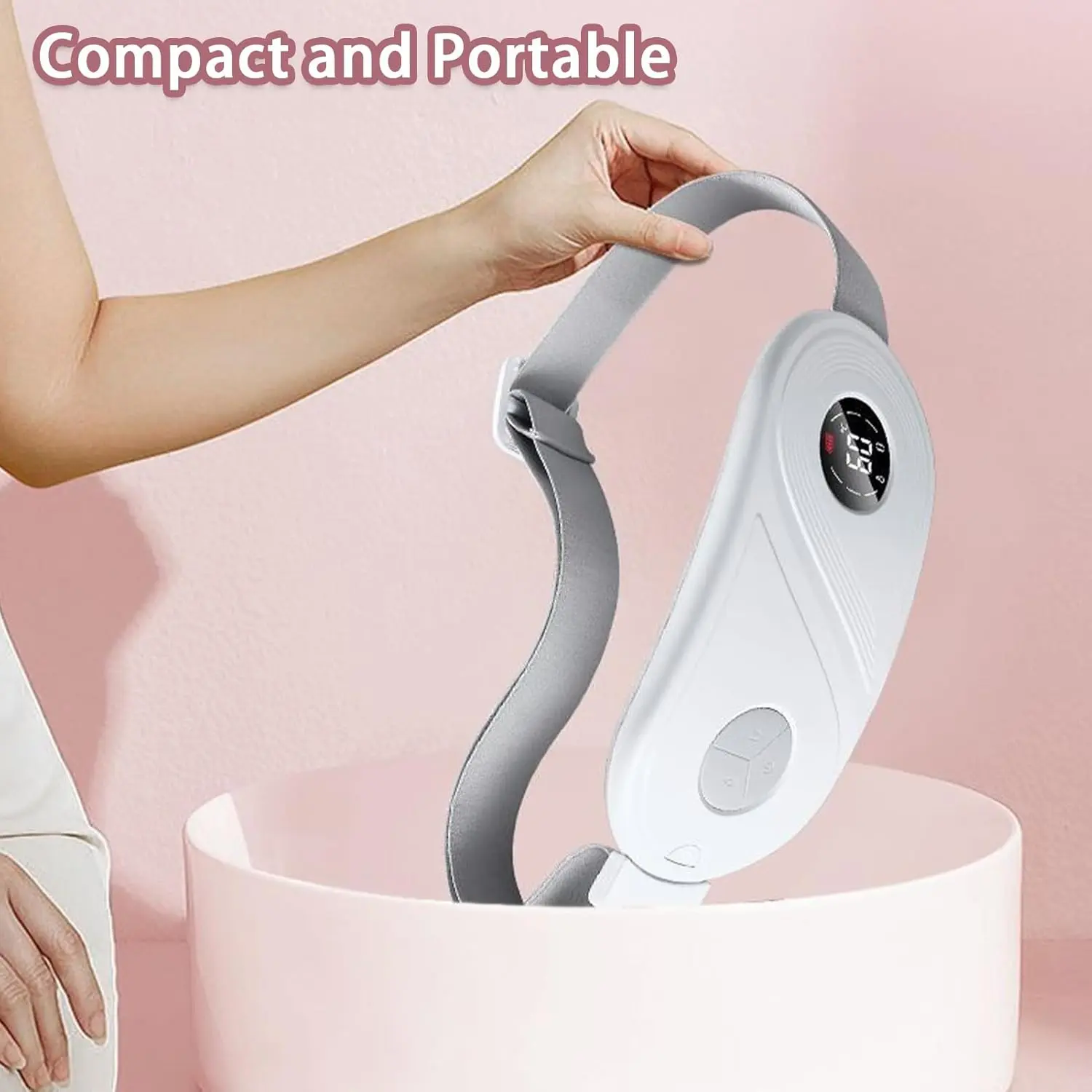 Portable period cramp warmer heating pad with adjustable heat and vibration for abdominal, back, and stomach pain relief, designed for women.