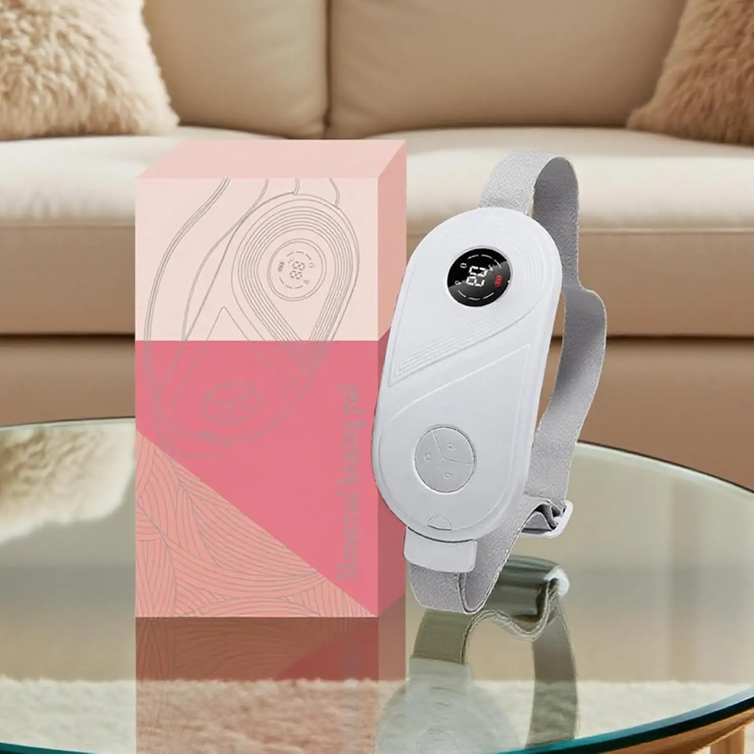 Portable period cramp warmer heating pad with adjustable heat and vibration for abdominal, back, and stomach pain relief, designed for women.