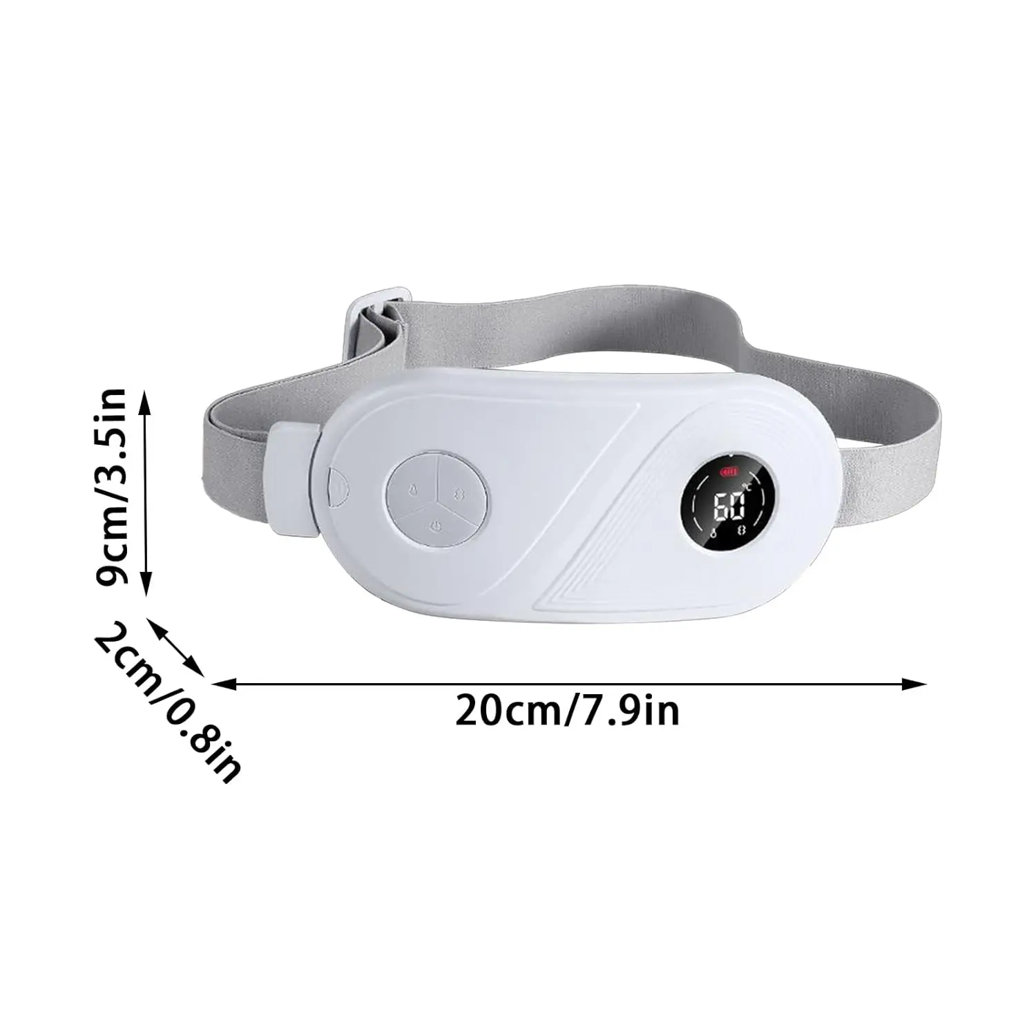 Portable period cramp warmer heating pad with adjustable heat and vibration for abdominal, back, and stomach pain relief, designed for women.