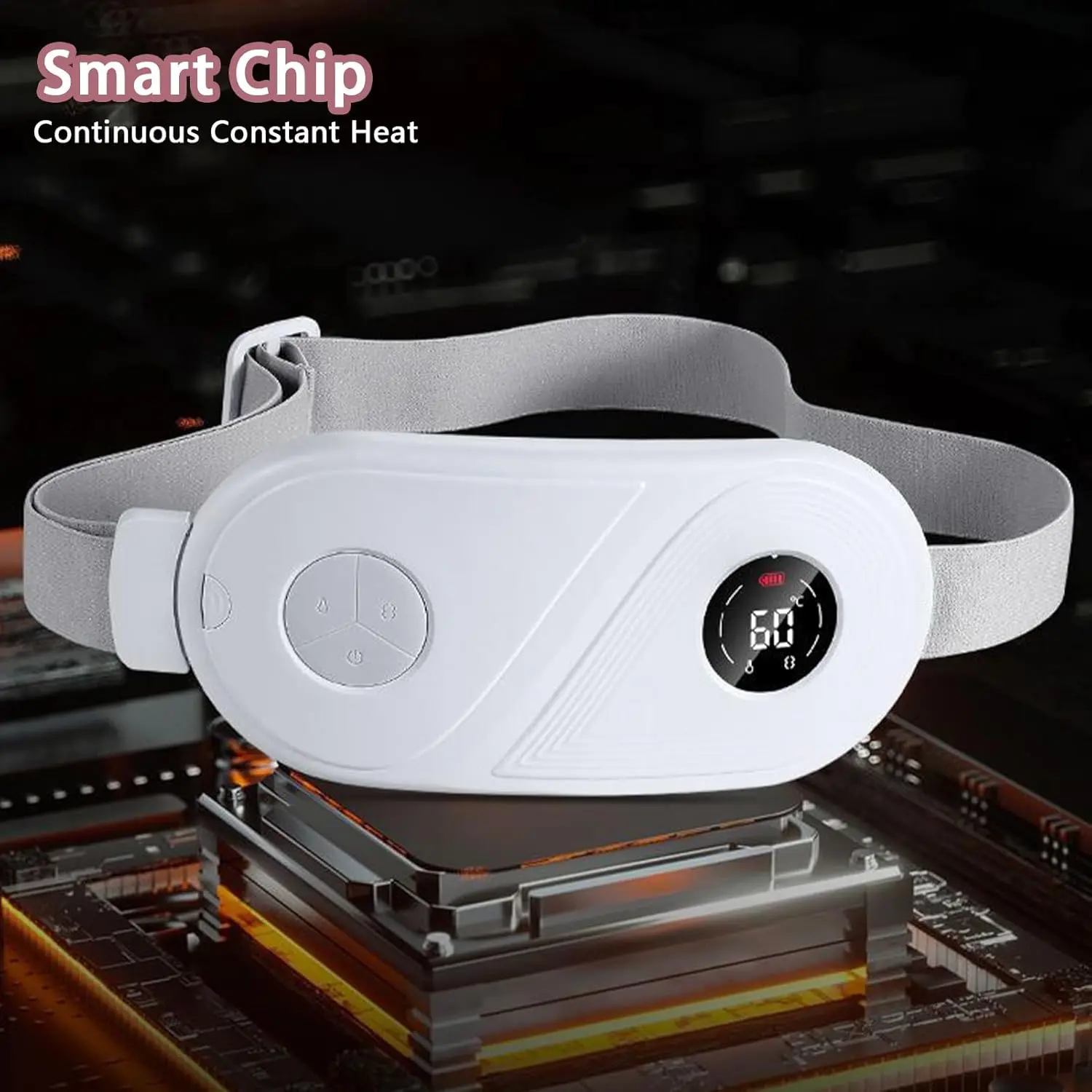 Portable period cramp warmer heating pad with adjustable heat and vibration for abdominal, back, and stomach pain relief, designed for women.