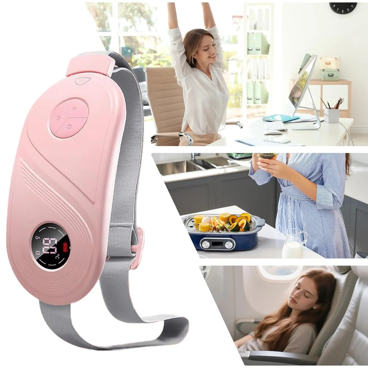 A portable period heating pad providing soothing heat and vibration massage for cramp relief, featuring adjustable temperature, USB charging, and a comfortable, breathable design for all-day use.