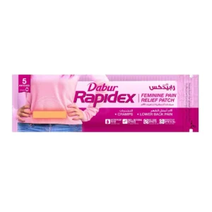 Dabur Rapidex pain relief patch provides all-natural, fast acting, and long-lasting relief from period cramps and lower back pain for up to 12 hours.