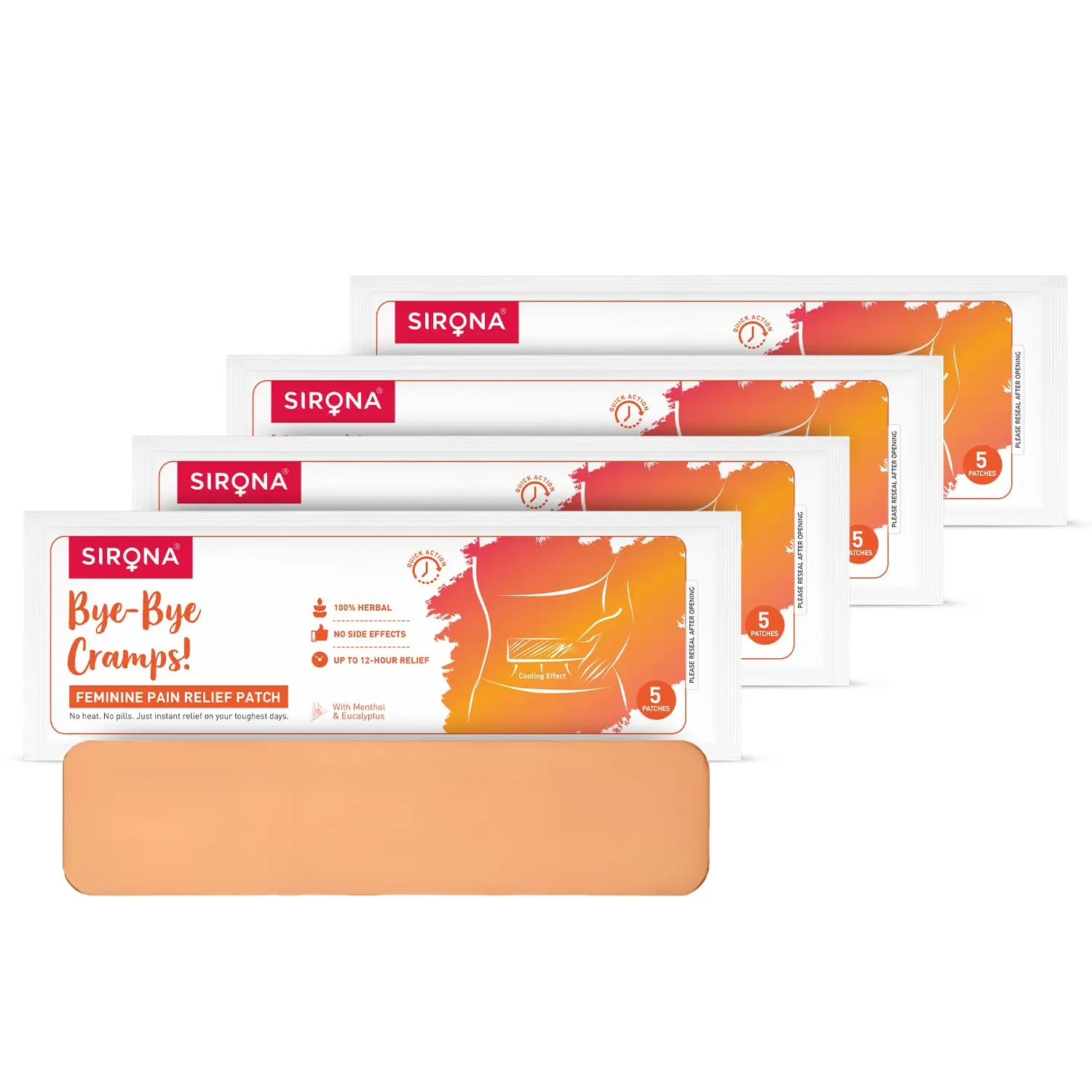 Sirona herbal period pain relief patches made with natural ingredients like menthol and eucalyptus provide instant relief from menstrual cramps with no side effects.