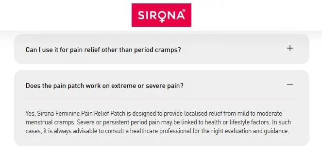 Sirona herbal period pain relief patches made with natural ingredients like menthol and eucalyptus provide instant relief from menstrual cramps with no side effects.