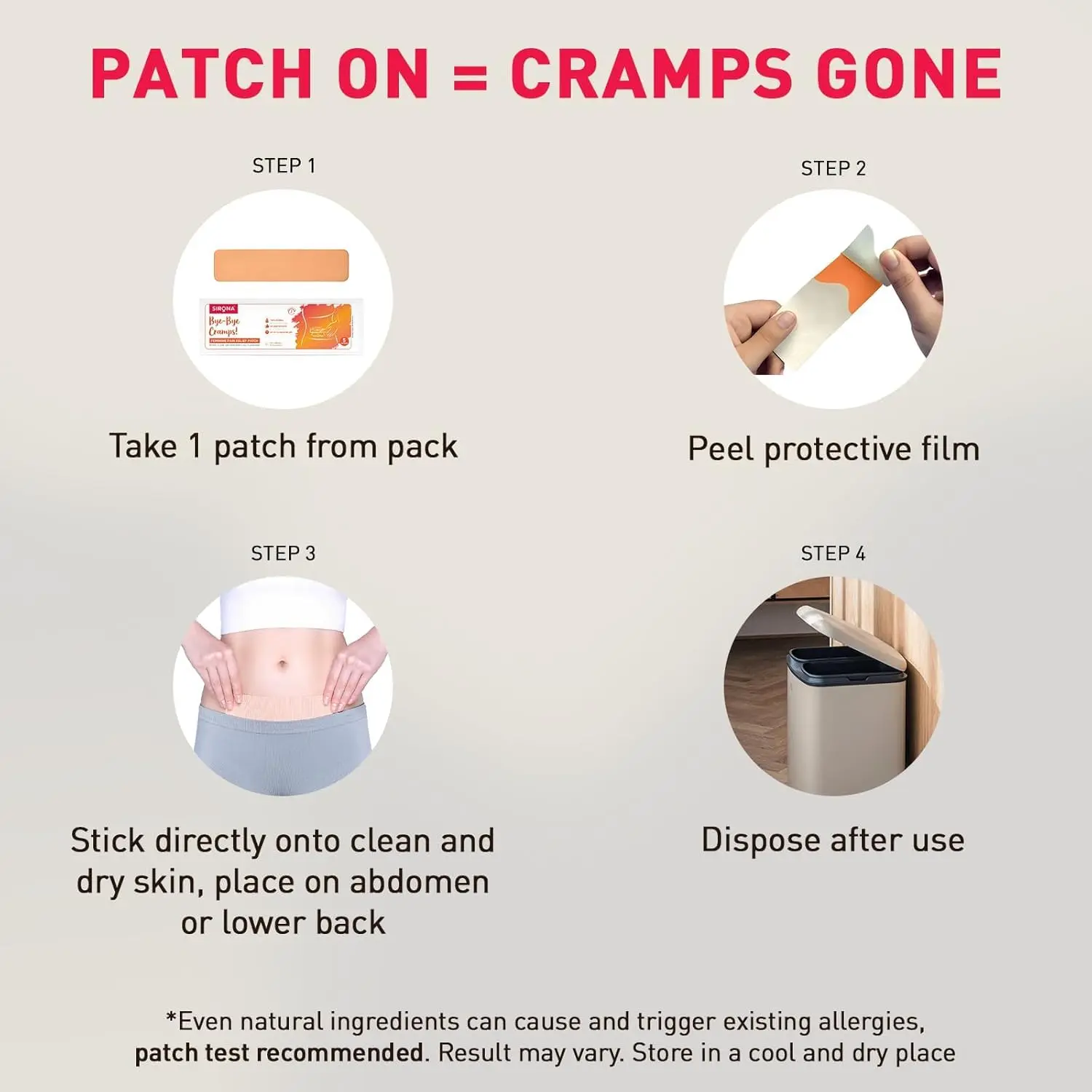 Sirona herbal period pain relief patches made with natural ingredients like menthol and eucalyptus provide instant relief from menstrual cramps with no side effects.