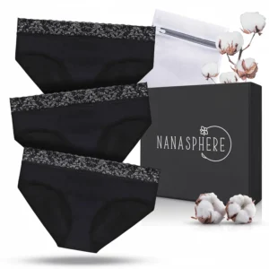 This image displays a pack of three organic cotton period panties with a wash bag, offering ultra absorbent leak-proof protection for menstruation, post childbirth, or abundant flow.