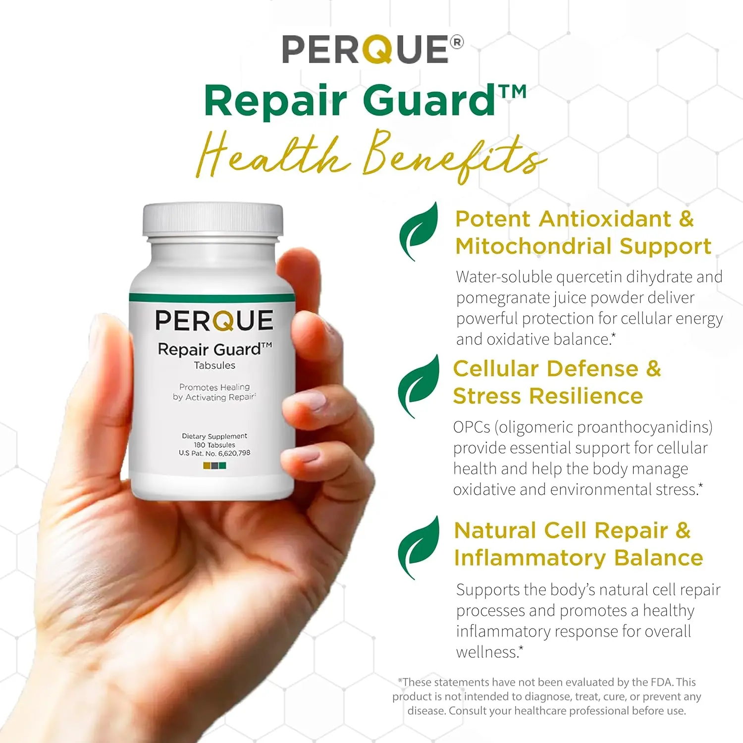 Bottle of PERQUE Repair Guard antioxidant formula tablets, 180 count.