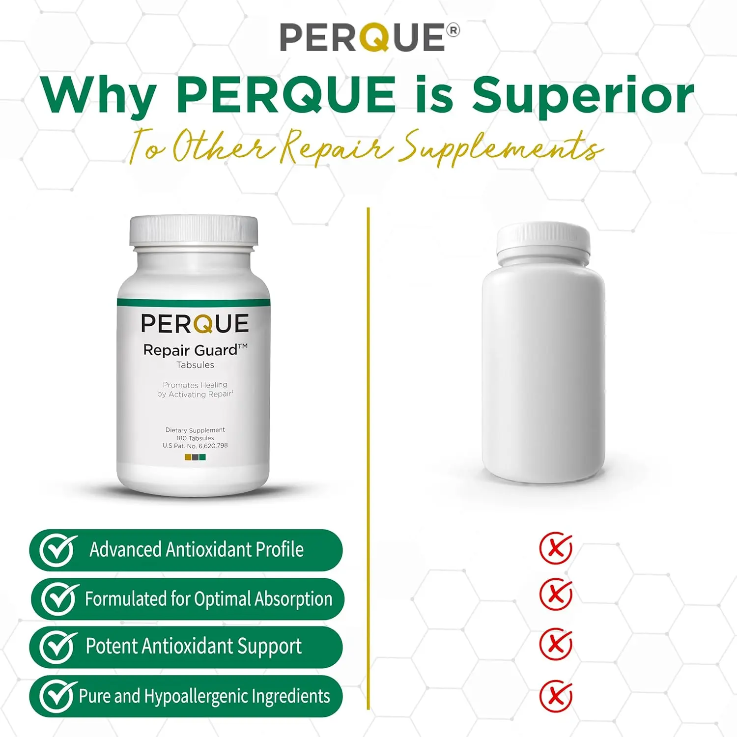 Bottle of PERQUE Repair Guard antioxidant formula tablets, 180 count.