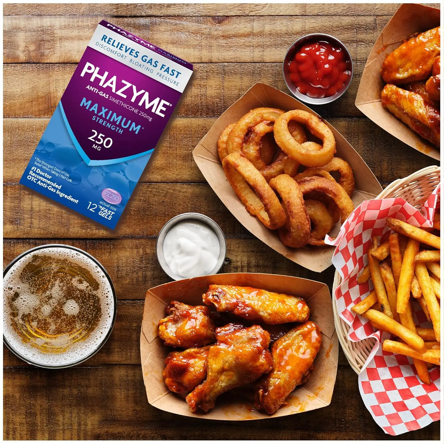 Phazyme Maximum Strength fast gels provide gas and bloating relief with simethicone in a 12 count package.