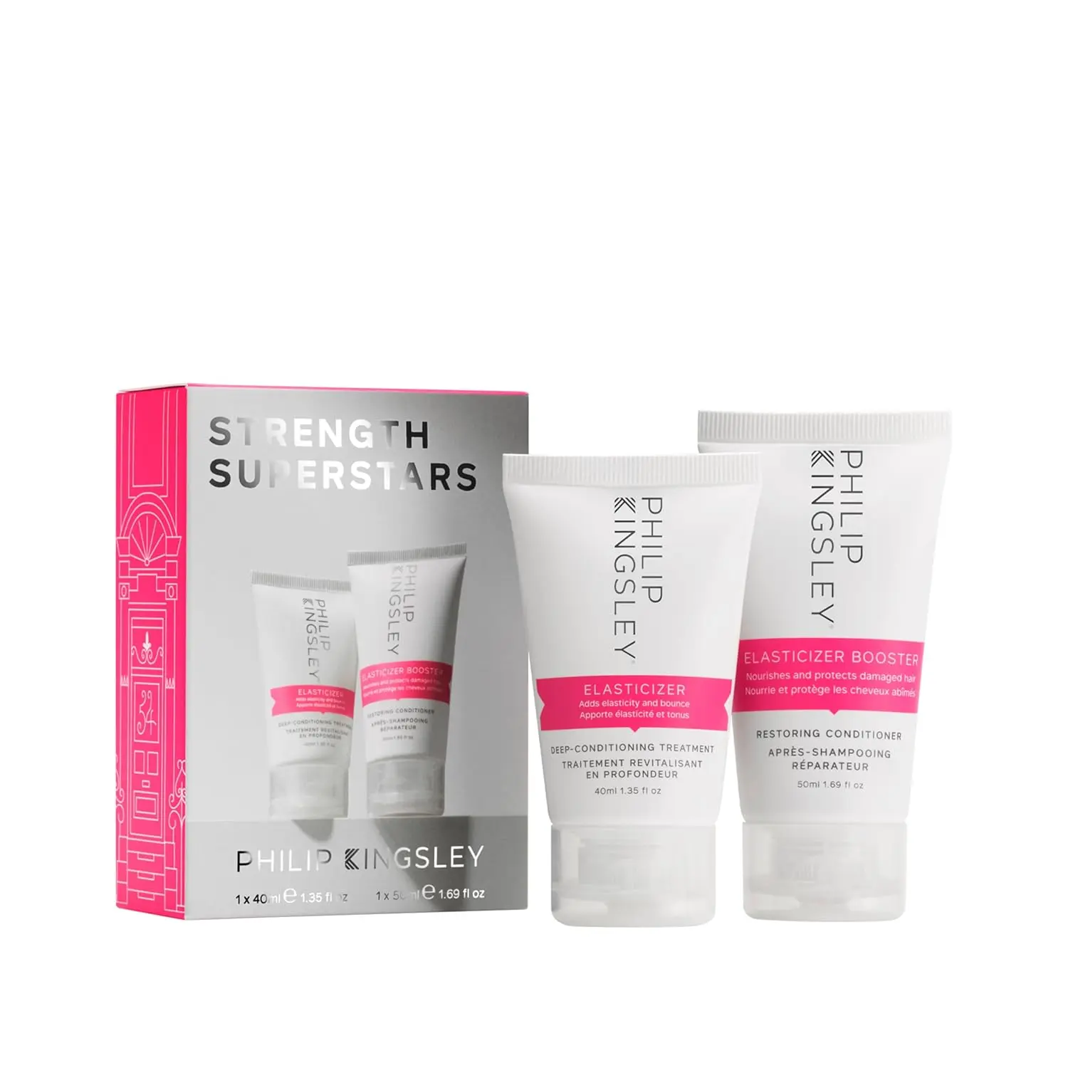 Philip Kingsley Strength Superstars Gift Set with Elasticizer and Elasticizer Booster to moisturize, strengthen, and add shine to all hair types.
