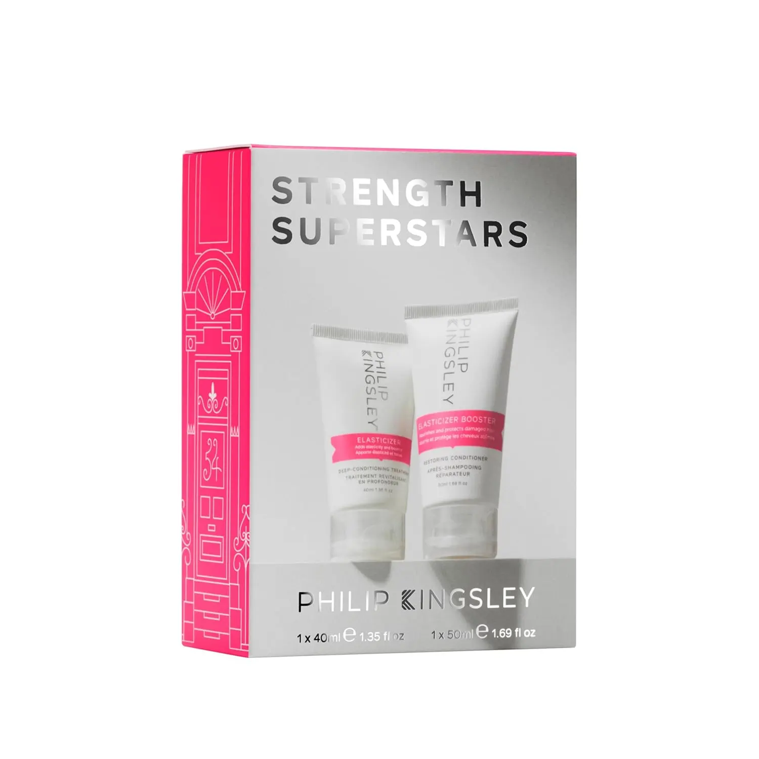 Philip Kingsley Strength Superstars Gift Set with Elasticizer and Elasticizer Booster to moisturize, strengthen, and add shine to all hair types.