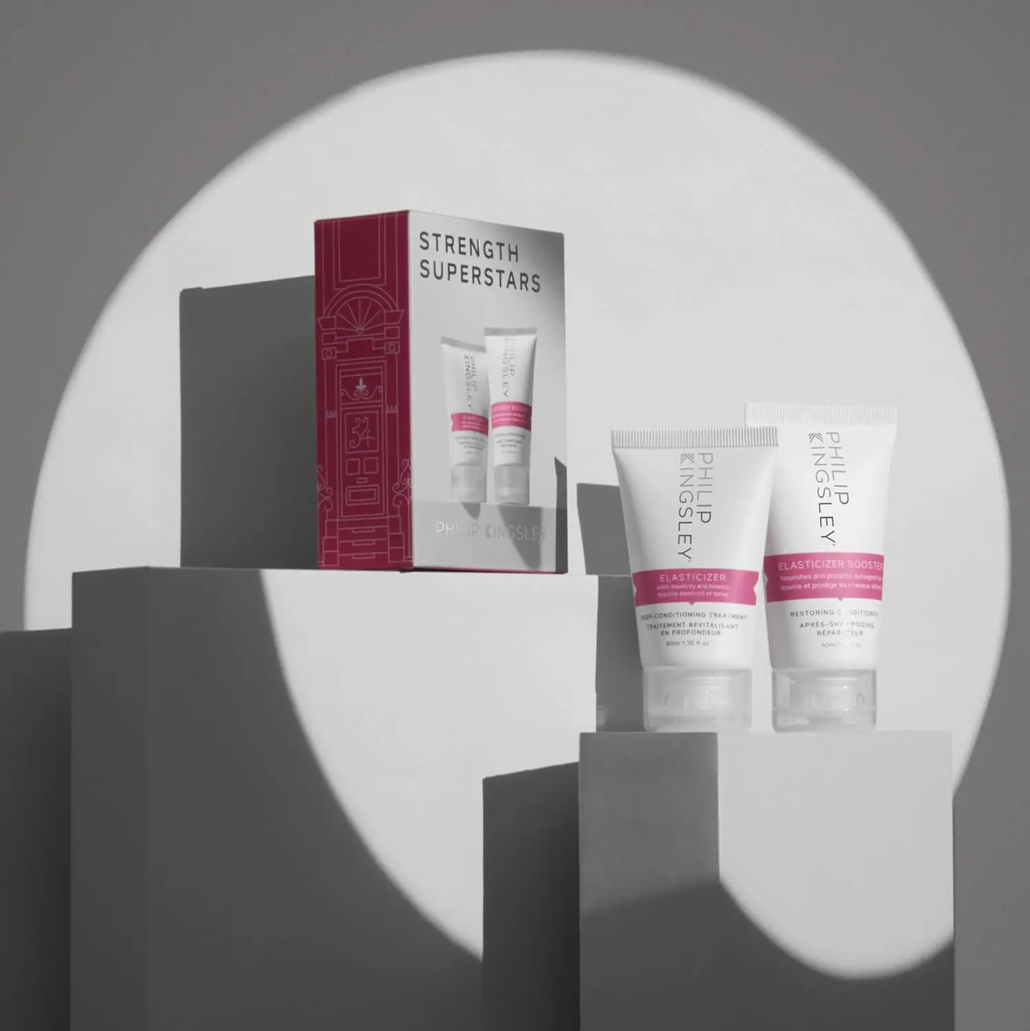 Philip Kingsley Strength Superstars Gift Set with Elasticizer and Elasticizer Booster to moisturize, strengthen, and add shine to all hair types.