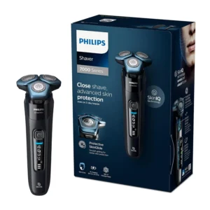 The Philips Series 7000 electric shaver with SteelPrecision blades offers a close, comfortable, and personalized shaving experience whether wet or dry, featuring a pop-up trimmer and charging stand.