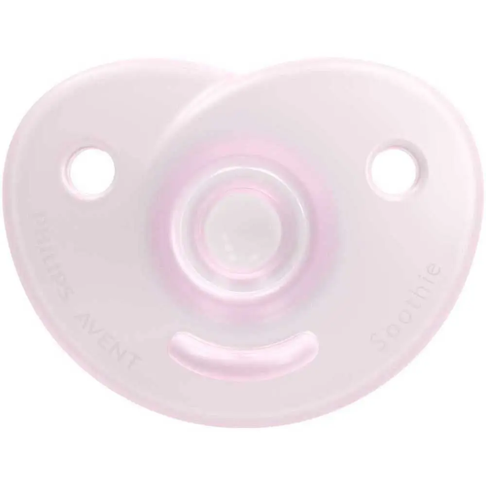 Two light pink and raspberry pink Philips AVENT soothers designed for babies 0-6 months, featuring a unique silicone design to develop natural absorbency, used by medical professionals and ideal for premature babies.