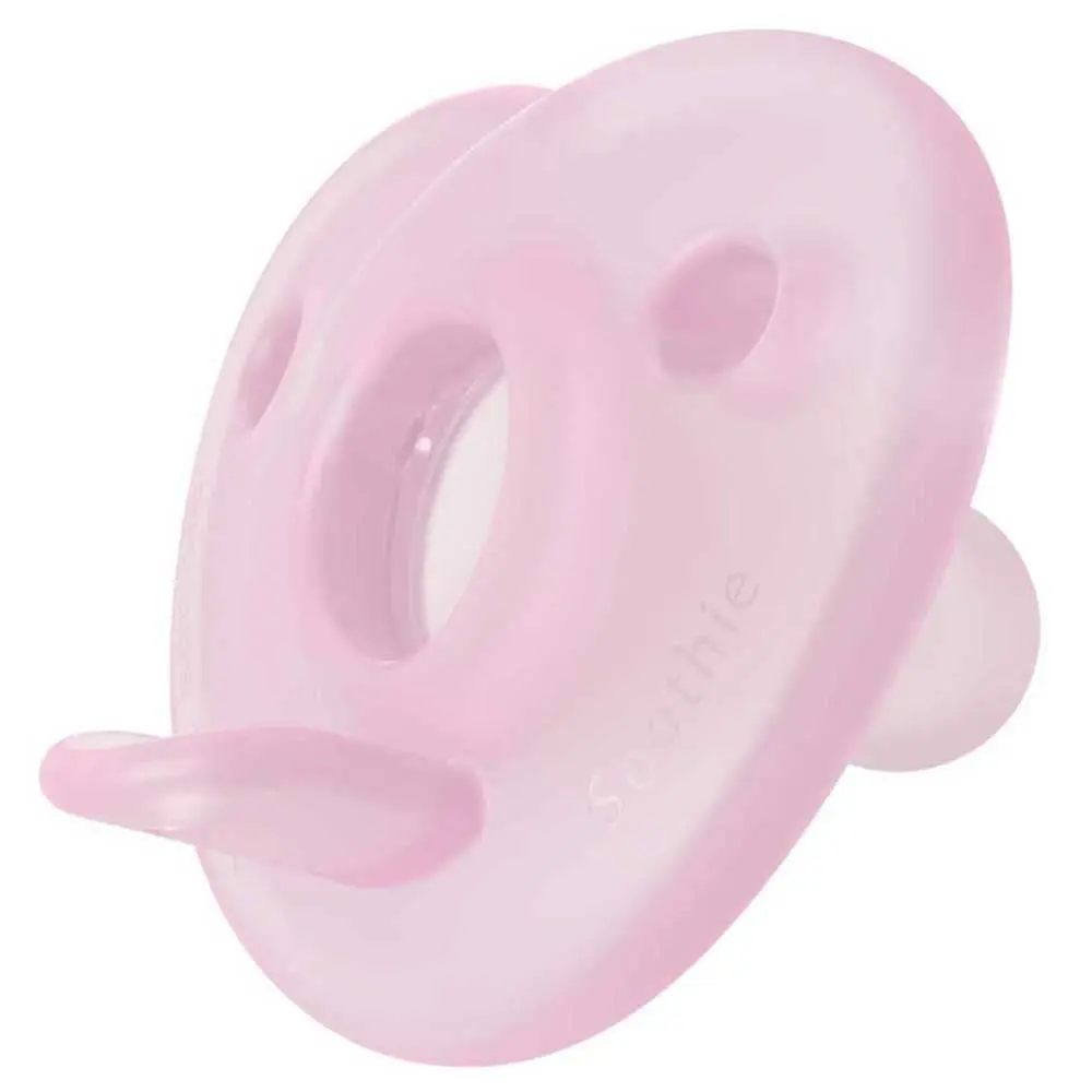 Two light pink and raspberry pink Philips AVENT soothers designed for babies 0-6 months, featuring a unique silicone design to develop natural absorbency, used by medical professionals and ideal for premature babies.