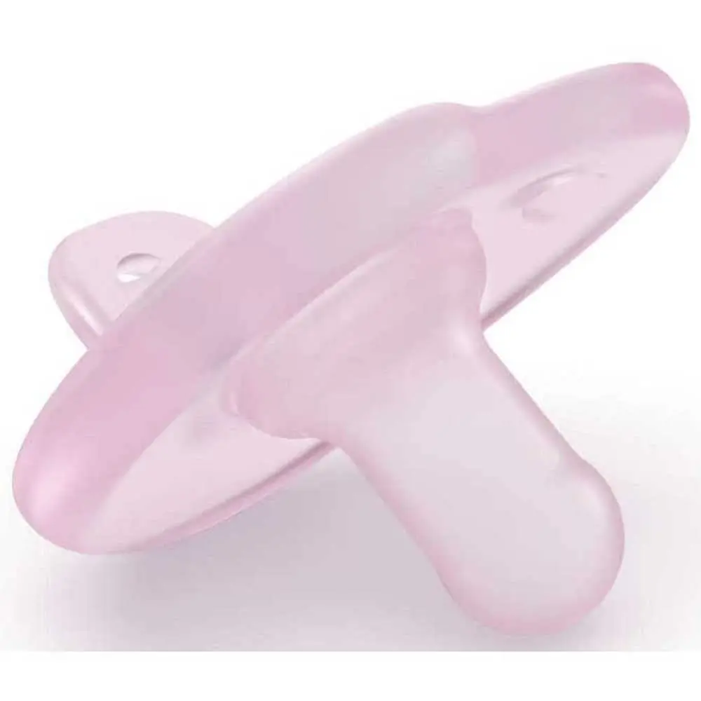 Two light pink and raspberry pink Philips AVENT soothers designed for babies 0-6 months, featuring a unique silicone design to develop natural absorbency, used by medical professionals and ideal for premature babies.