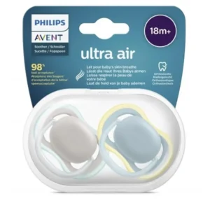 Two Philips Avent Ultra Air orthodontic dummies in a sterilisation box, designed for babies 18 months and older, made from silicone to respect the palate and allow the skin to breathe, aiding teeth and gum development.