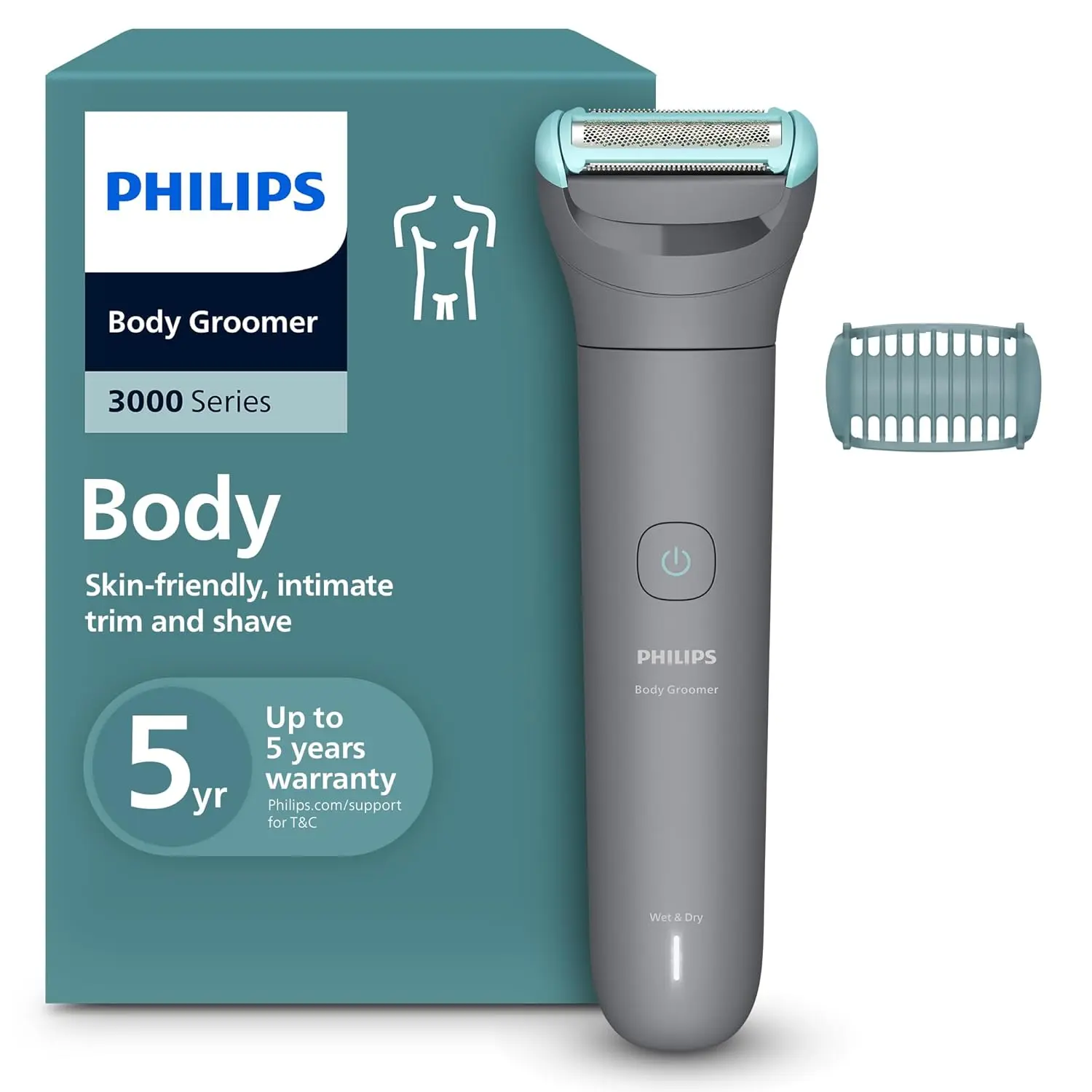 The Philips Body Groomer 3000 provides a smooth, close shave down to 0.2mm and includes a click-on comb for trimming hair in any direction, featuring patented skin-friendly cutting technology and showerproof design.