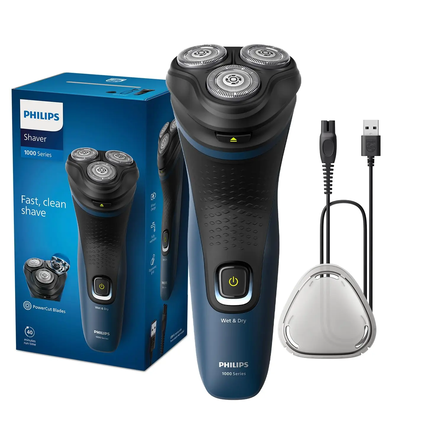 The Philips 1000 Series electric shaver provides a comfortable, clean wet or dry shave with ComfortCut blades and 3D Floating Heads, offering 40 minutes of cordless shaving after an 8-hour charge.