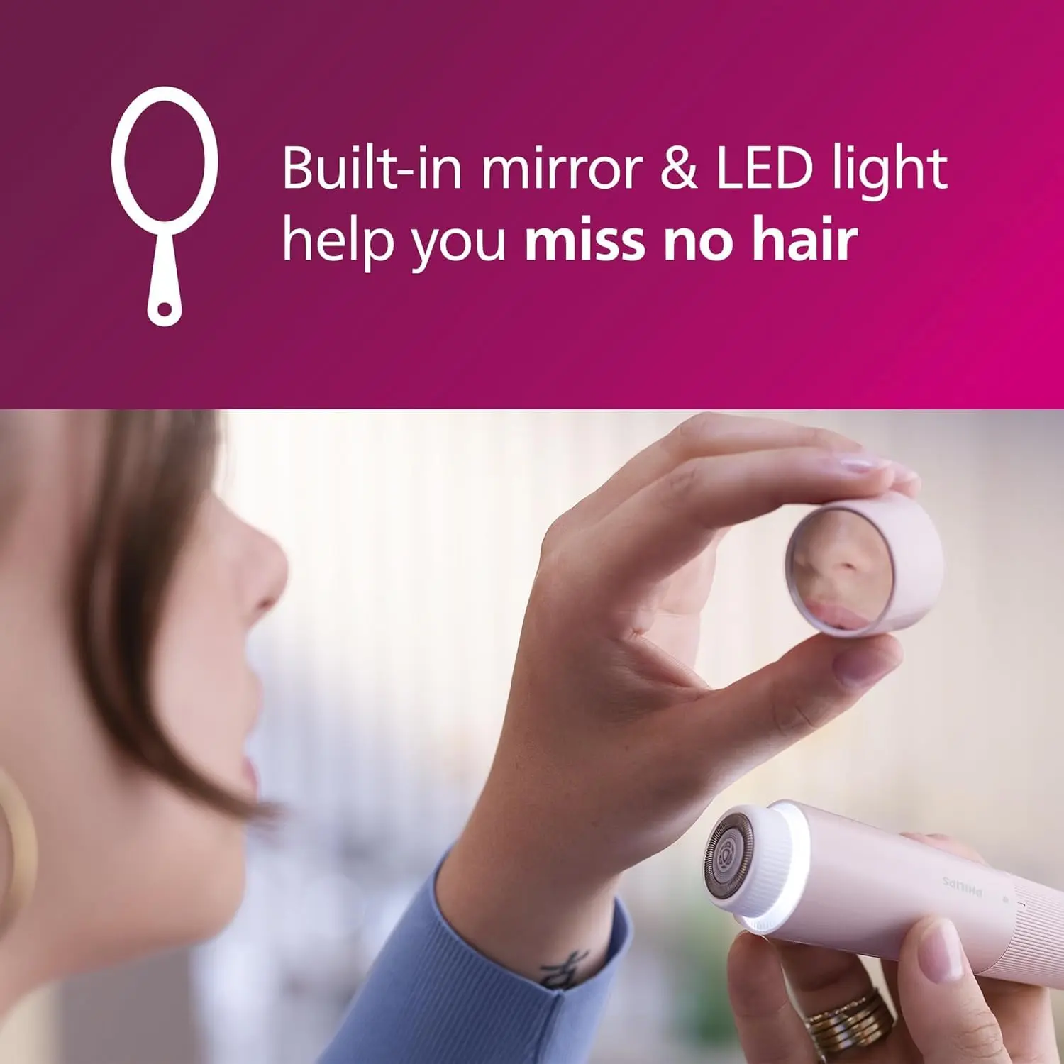 The Philips 5000 Series facial hair remover provides beautifully smooth, painless hair removal with its built-in LED light and mirror, all in a compact, portable design.