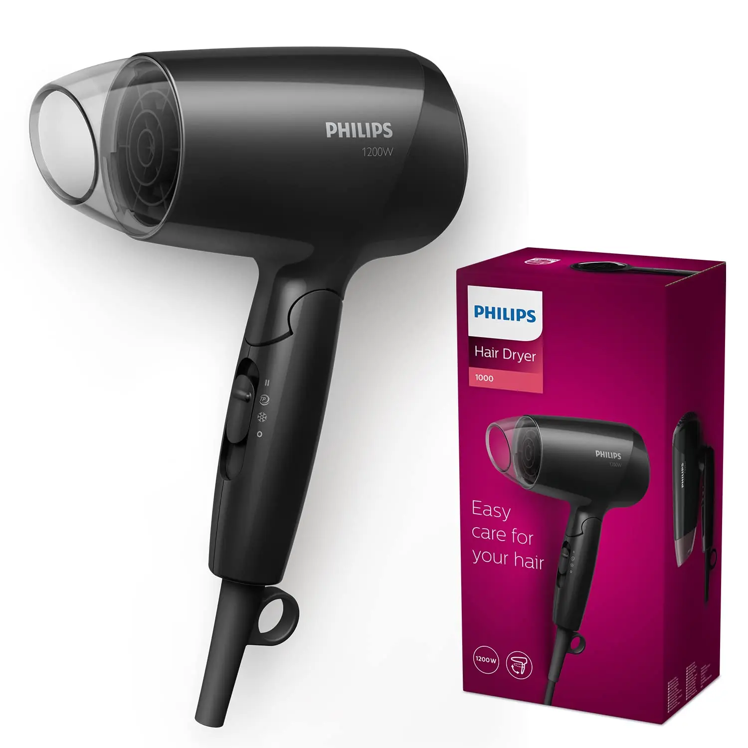 Black Philips Essential Care BHC010/10 hair dryer with ThermoProtect setting and foldable handle, offering 1200W power for quick, gentle, and shiny hair drying with three preset levels and a styling nozzle.