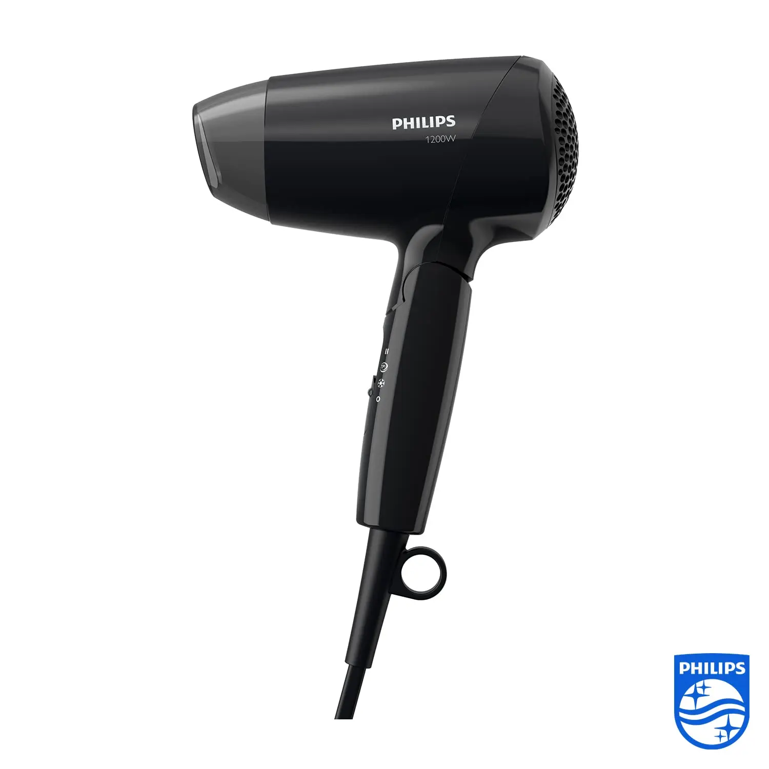 Black Philips Essential Care BHC010/10 hair dryer with ThermoProtect setting and foldable handle, offering 1200W power for quick, gentle, and shiny hair drying with three preset levels and a styling nozzle.
