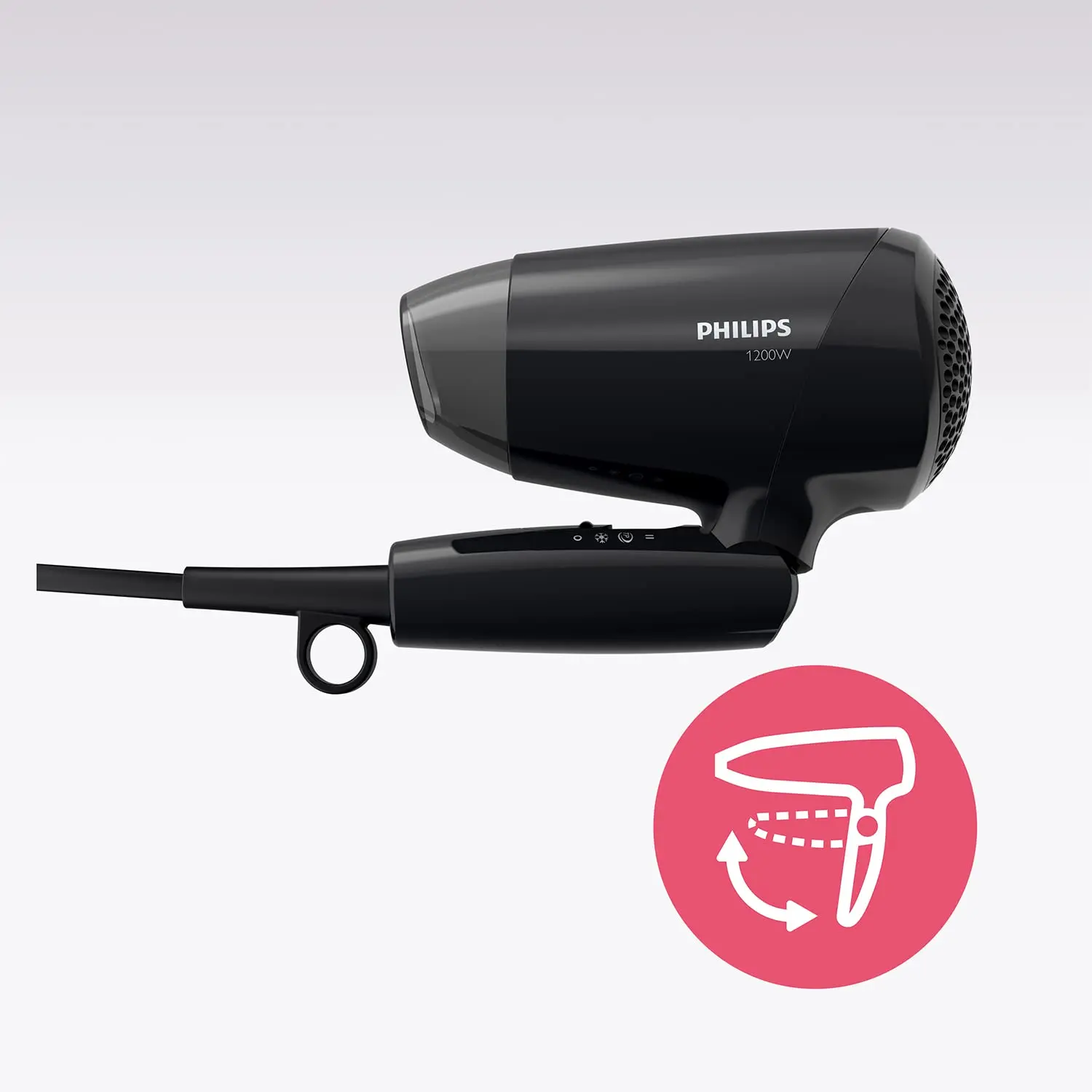 Black Philips Essential Care BHC010/10 hair dryer with ThermoProtect setting and foldable handle, offering 1200W power for quick, gentle, and shiny hair drying with three preset levels and a styling nozzle.