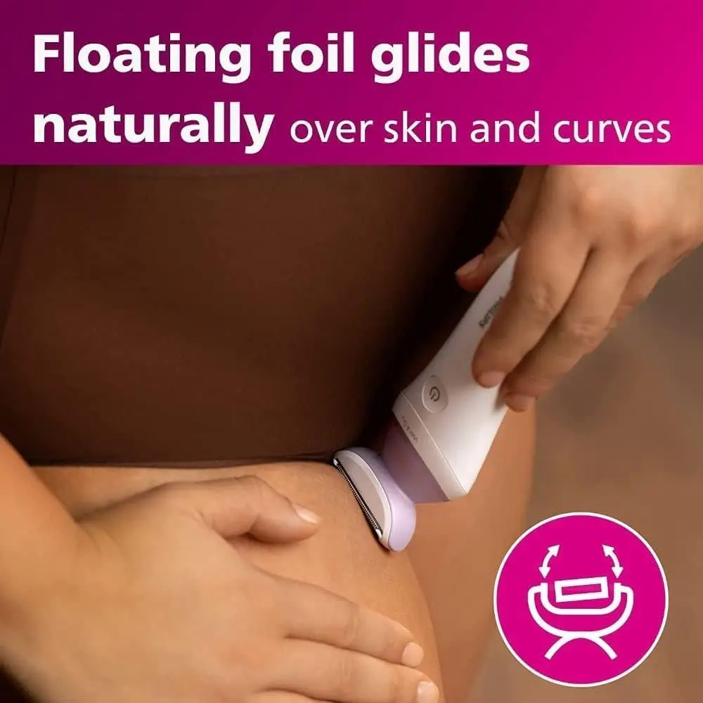 Philips Lady Shaver 6000 provides a close, comfortable shave with its floating foil, rounded trimmer tips, ergonomic design, and wet & dry functionality.