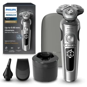 Philips Norelco Series 9000 Prestige electric shaver with SenseIQ technology provides an ultra-close and comfortable shave, even in hard-to-reach areas, and includes a nose trimmer, precision trimmer, cleaning pod, and Qi charging pad.