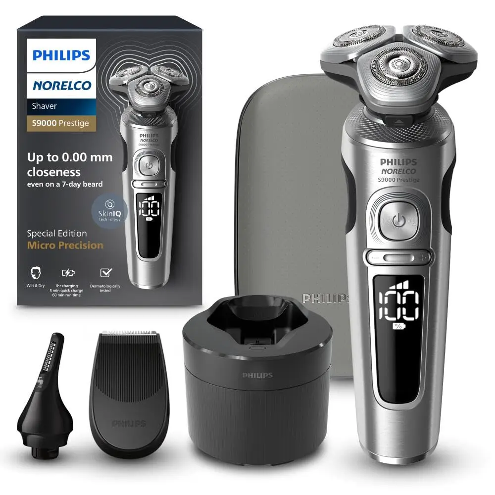 Philips Norelco Series 9000 Prestige electric shaver with SenseIQ technology provides an ultra-close and comfortable shave, even in hard-to-reach areas, and includes a nose trimmer, precision trimmer, cleaning pod, and Qi charging pad.