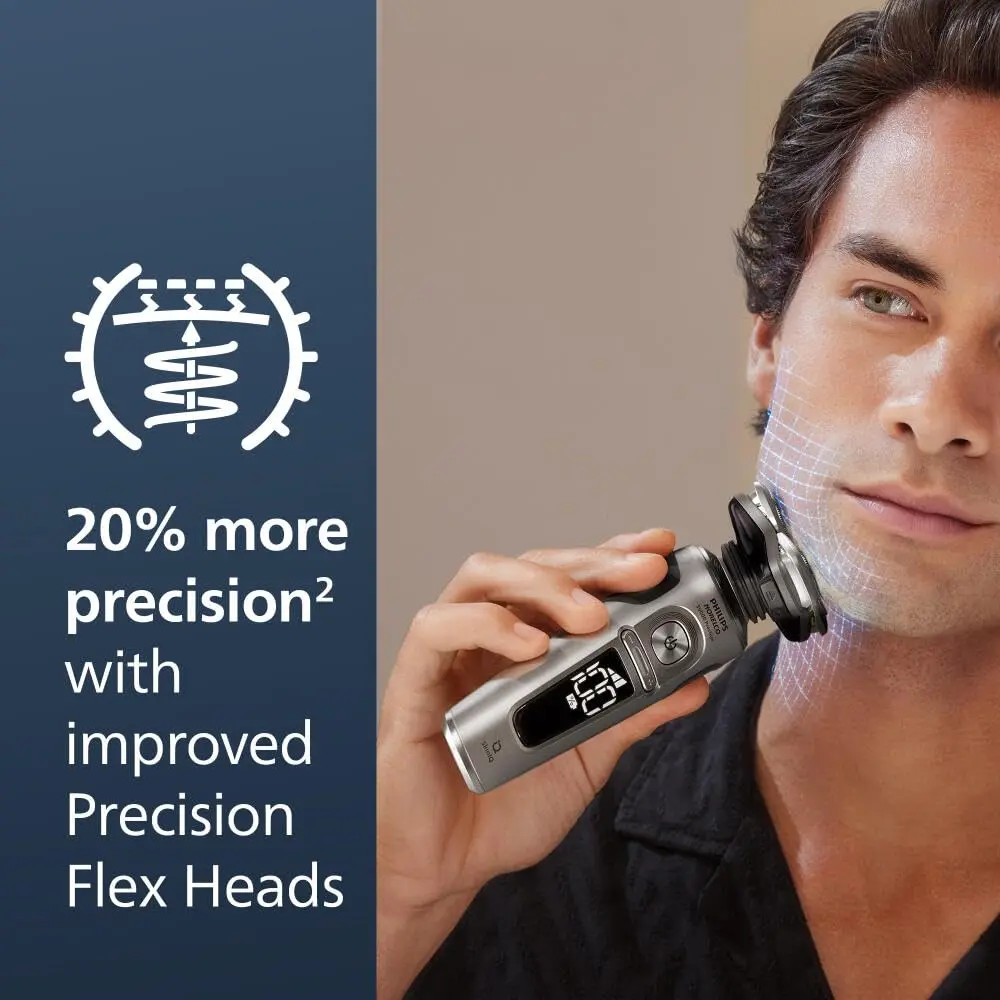 Philips Norelco Series 9000 Prestige electric shaver with SenseIQ technology provides an ultra-close and comfortable shave, even in hard-to-reach areas, and includes a nose trimmer, precision trimmer, cleaning pod, and Qi charging pad.