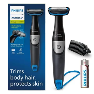 The Philips Norelco Bodygroom 1100 is a showerproof body hair trimmer featuring a bi-directional trimmer, skin protector, and 1/8" comb.