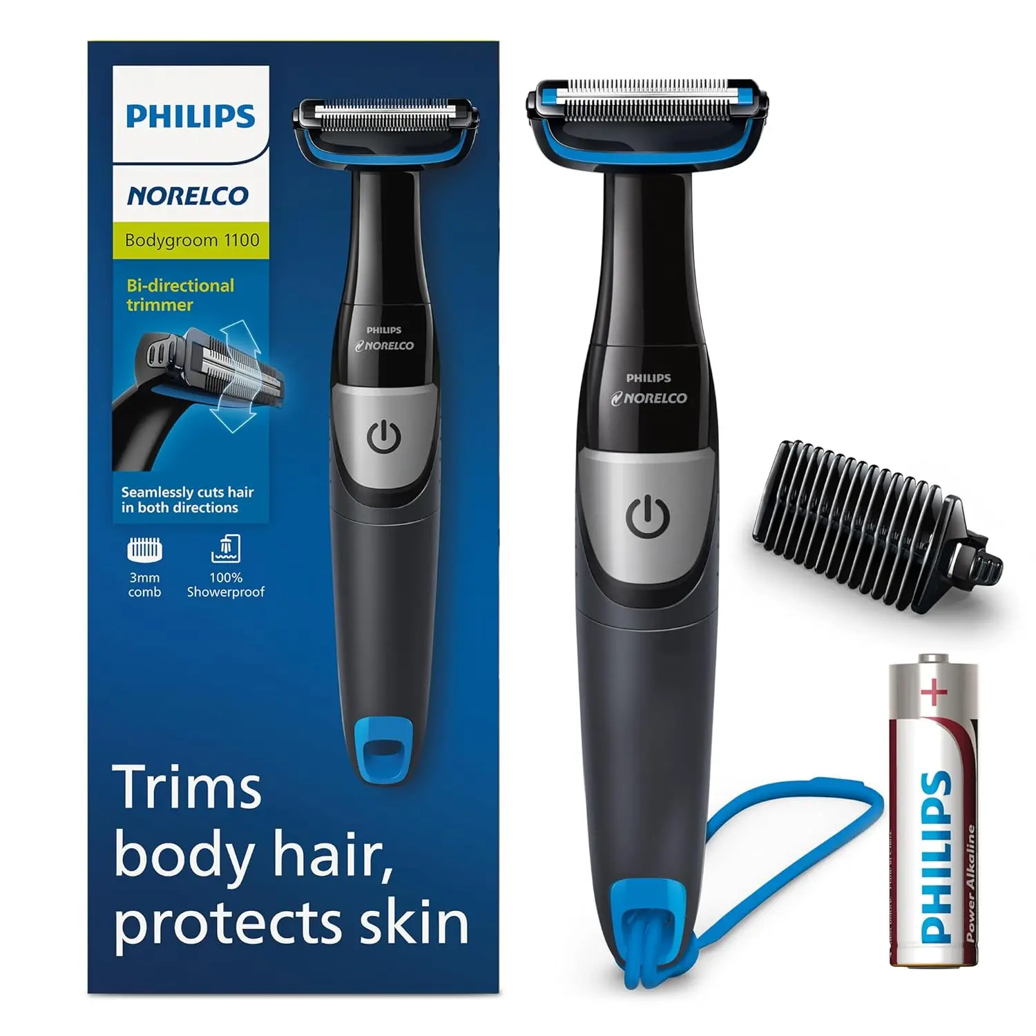 The Philips Norelco Bodygroom 1100 is a showerproof body hair trimmer featuring a bi-directional trimmer, skin protector, and 1/8" comb.