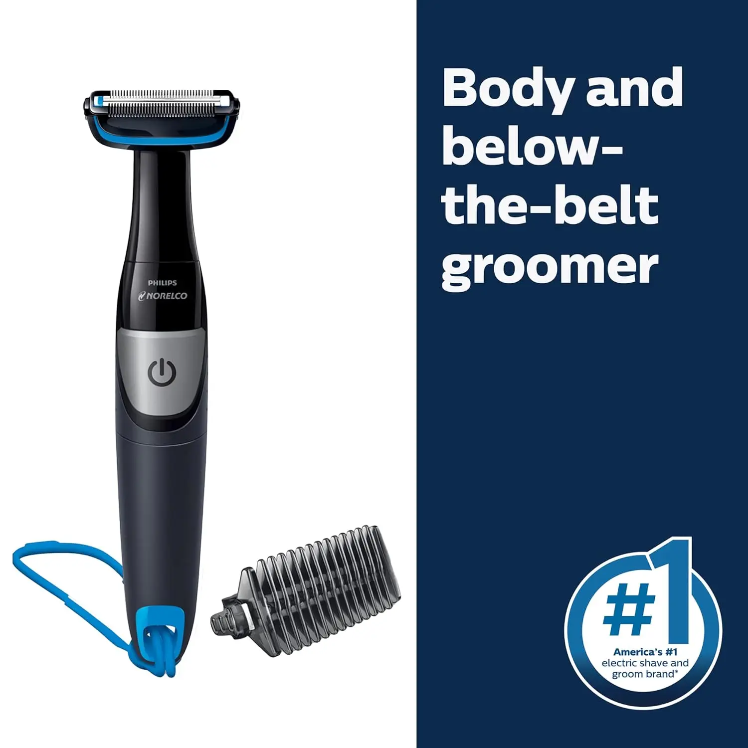 The Philips Norelco Bodygroom 1100 is a showerproof body hair trimmer featuring a bi-directional trimmer, skin protector, and 1/8" comb.