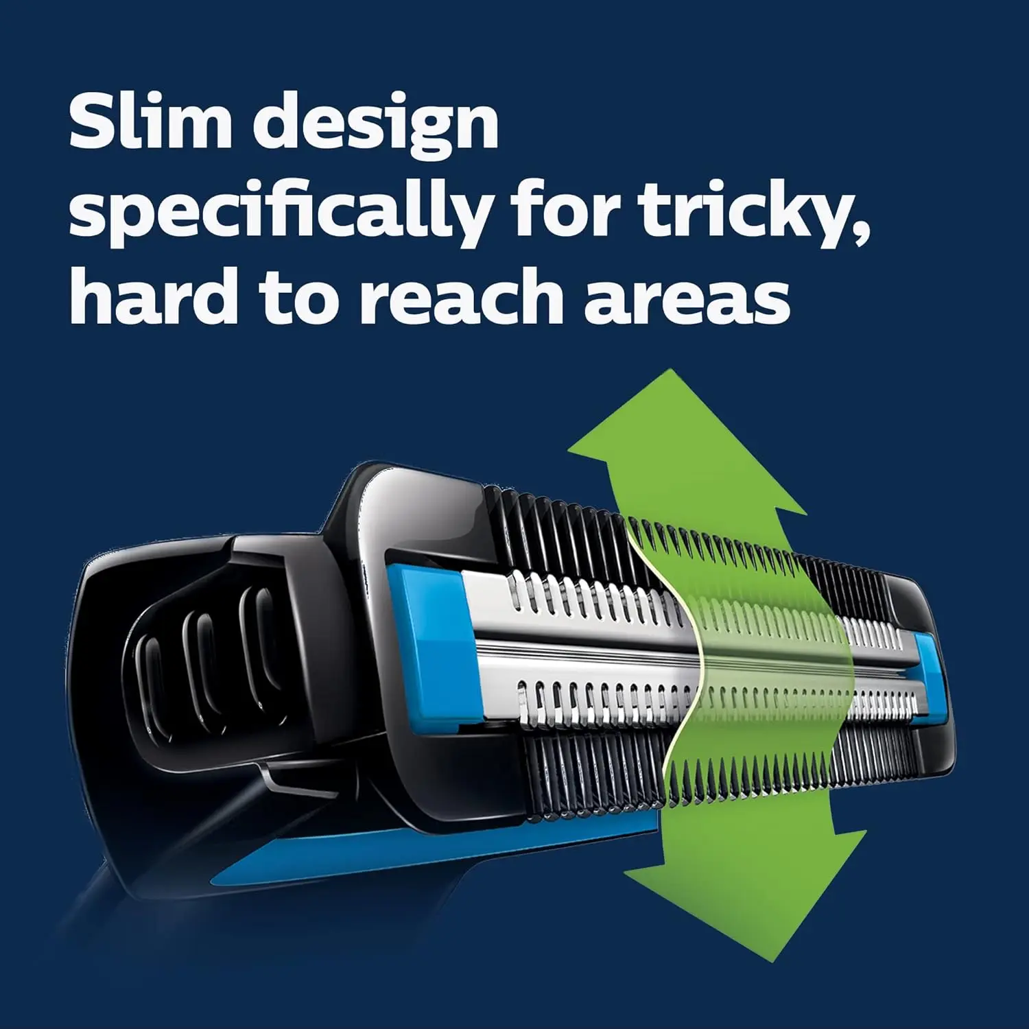The Philips Norelco Bodygroom 1100 is a showerproof body hair trimmer featuring a bi-directional trimmer, skin protector, and 1/8" comb.