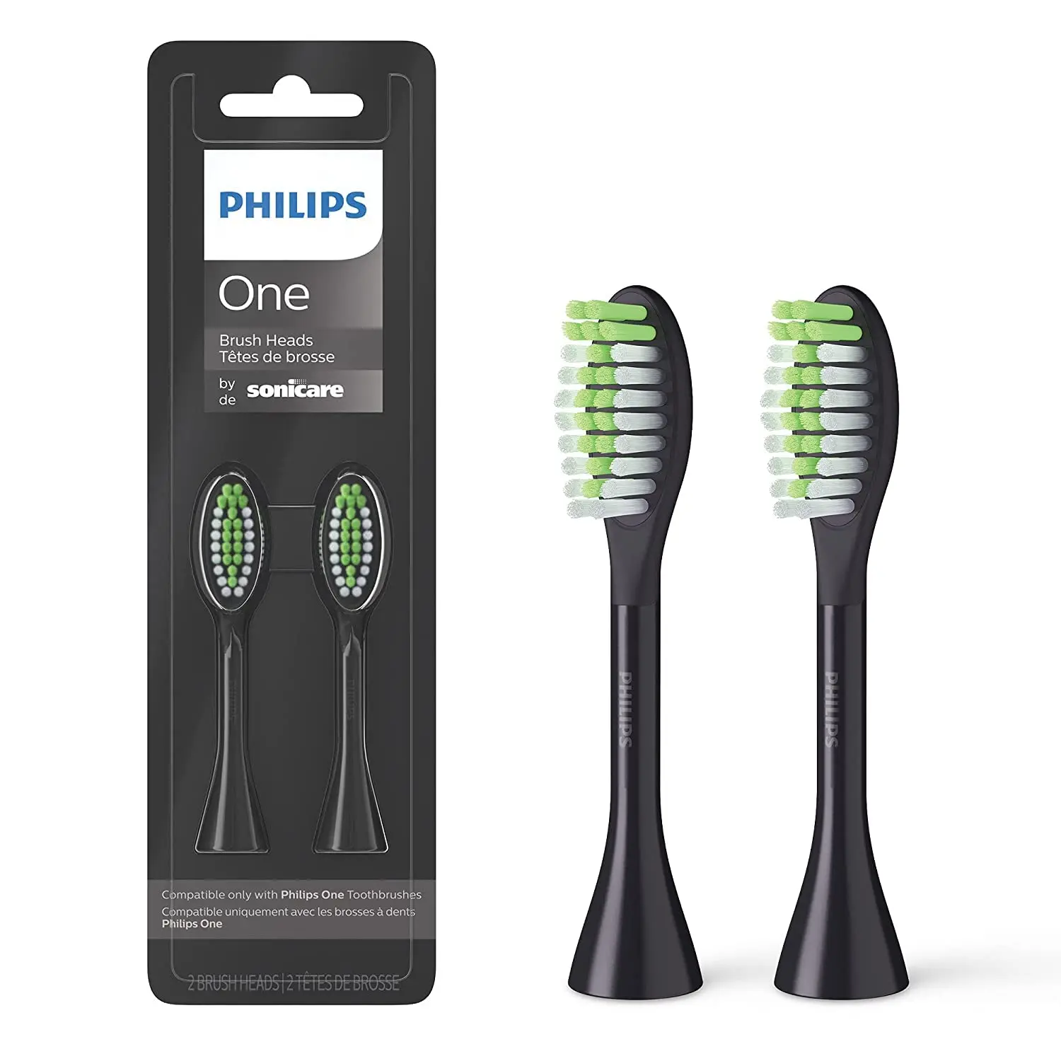 Two shadow black Philips One by Sonicare replacement brush heads with soft, tapered nylon bristles for gentle polishing and a brighter smile.