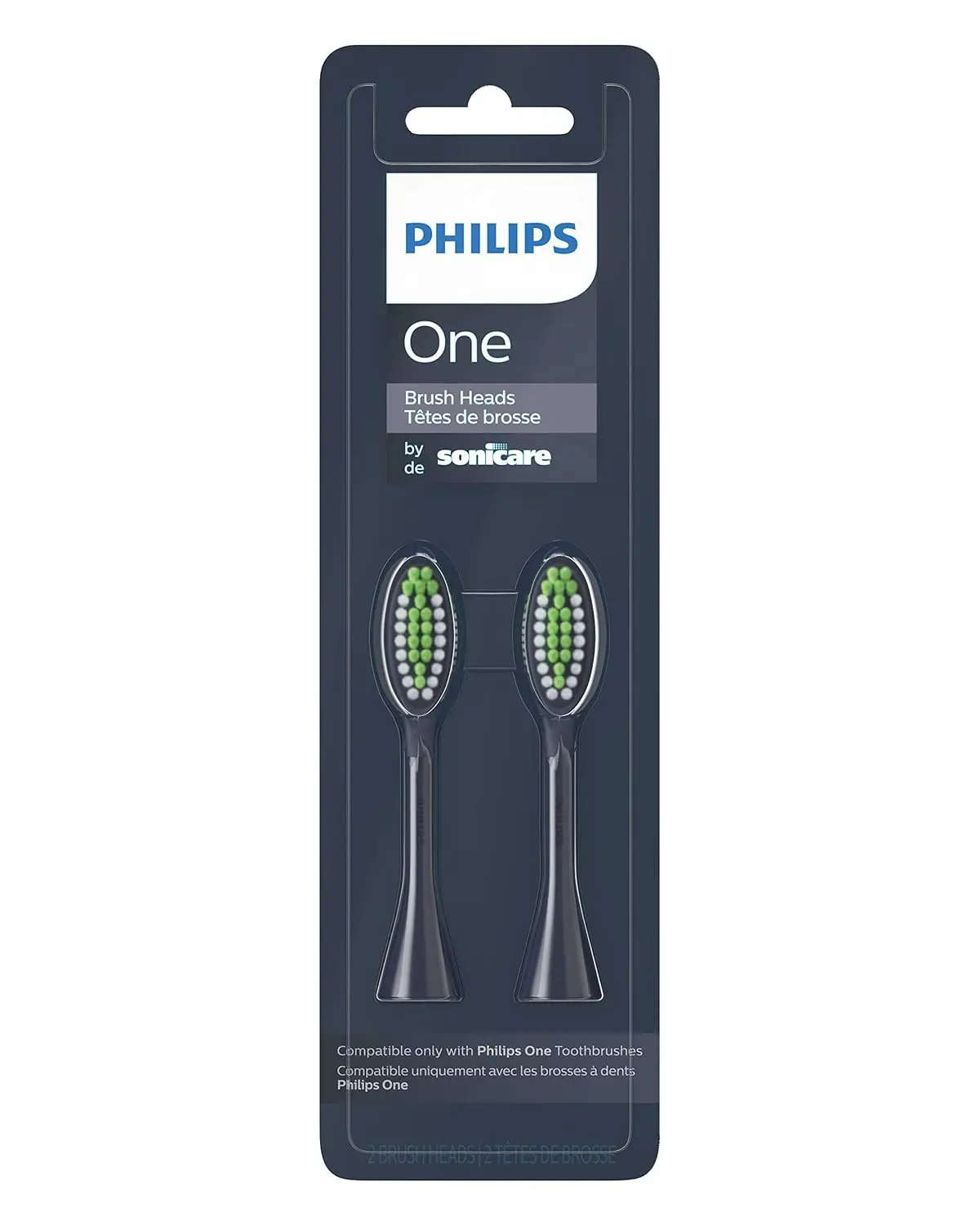Two midnight blue Philips One by Sonicare replacement brush heads with tapered, soft nylon bristles, designed for gentle polishing and easy snap-on replacement every three months.